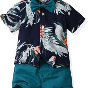 Toddler Baby Boy Summer Hawaiian Outfit Floral Shirt + Solid Shorts Little Gentleman Button Down Bowtie Suit Set