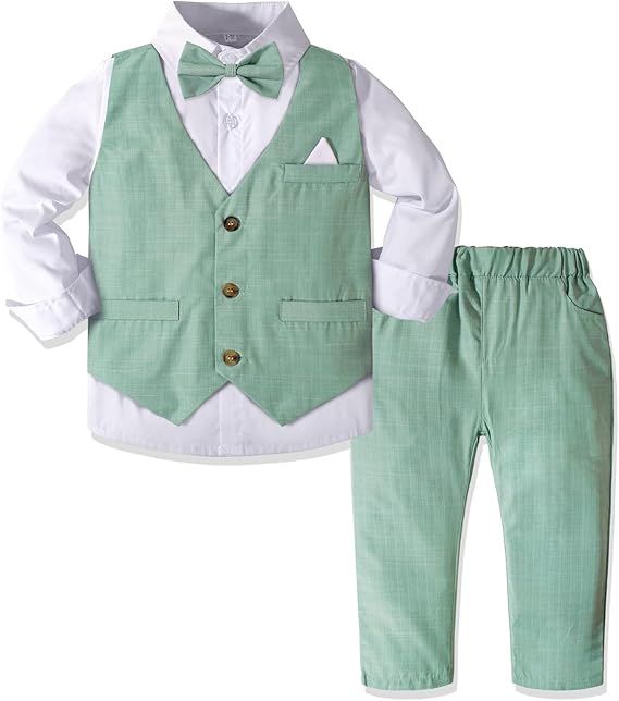 Nwada Boys Suit Set Formal Dress Shirt with Bow Tie, Slim Vest and Pants Toddler Boy Clothes Suits - Image 2